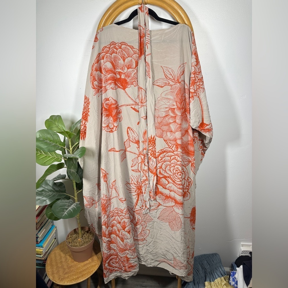 Simone Burns Tan and Orange Floral Silk Kimono Dress sz S/M